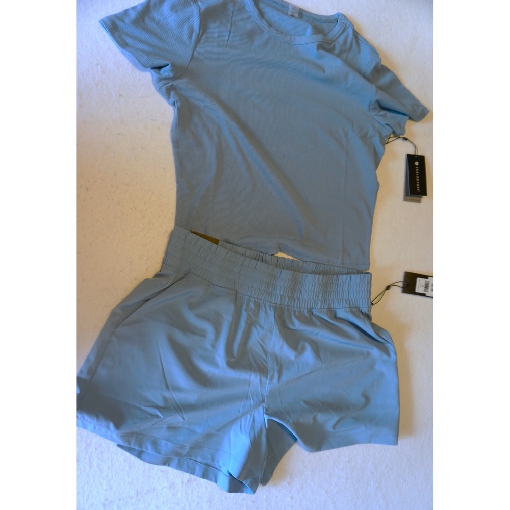 Traj3ctory Womens Activewear Set Ribbed Top L Woven Shorts XL Blue 2 Piece NWT
